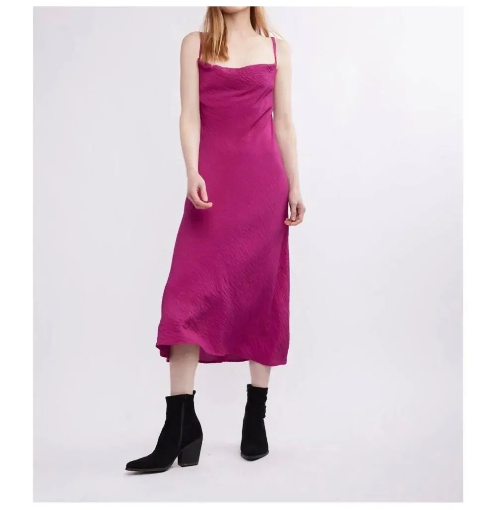 SELF CONTRAST Dress Women’s Size Medium NWT Norah Midi Slip Magenta Drape Neck